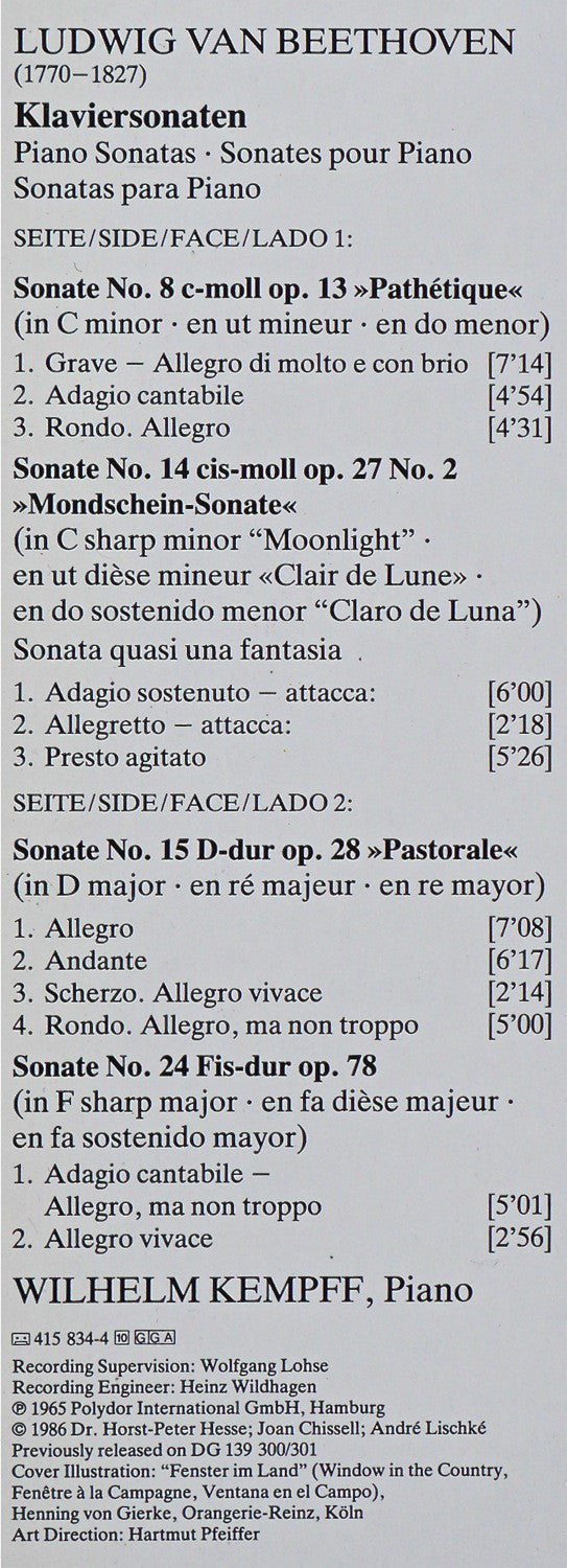 Ludwig van Beethoven • Wilhelm Kempff : Piano Sonatas (No. 8 "Pathétique" / No. 14 "Moonlight" / No. 15 "Pastoral" / No. 24) (LP, Comp, RE, RM)