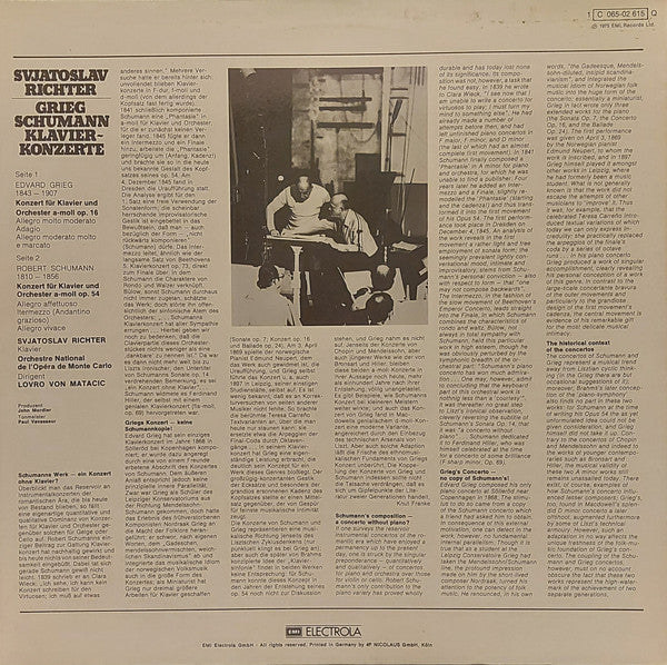 Sviatoslav Richter - Edvard Grieg / Robert Schumann . Orchestre National De L'Opéra De Monte-Carlo . Lovro Von Matacic : Klavierkonzerte (LP, Quad, Gol)