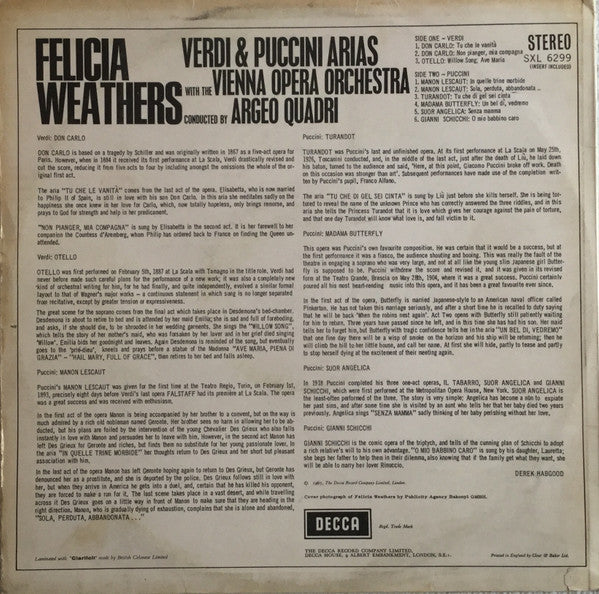 Felicia Weathers, Wiener Opernorchester, Argeo Quadri, Giuseppe Verdi, Giacomo Puccini : Verdi & Puccini Arias (LP)