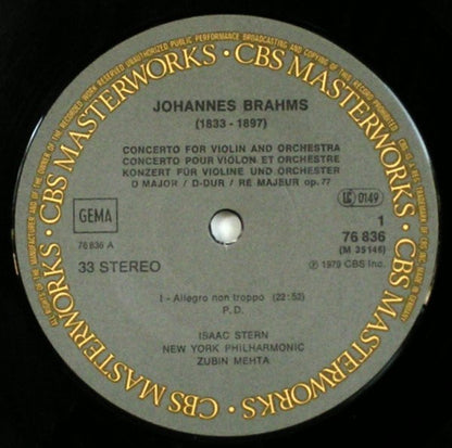 Johannes Brahms, Isaac Stern, Zubin Mehta, New York Philharmonic : Violin Concerto = Concerto Pour Violon = Violinkonzert (LP, RE, Gat)