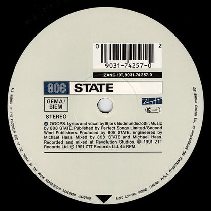 808 State Featuring Björk : Ooops (12", Single)