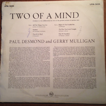 Paul Desmond, Gerry Mulligan : Two Of A Mind (LP, Album, Mono)