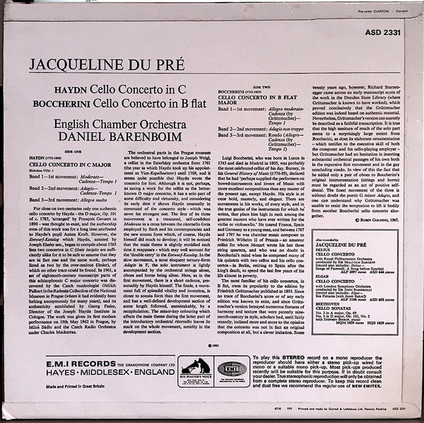 Jacqueline Du Pré - Daniel Barenboim - Joseph Haydn - Luigi Boccherini - English Chamber Orchestra : Haydn: Cello Concerto In C / Boccherini: Cello Concerto In B Flat (LP, Album, ER1)