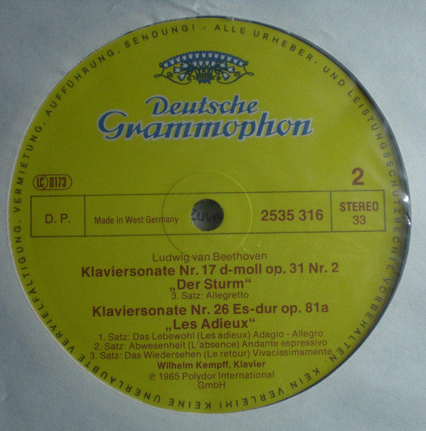 Ludwig van Beethoven - Wilhelm Kempff : Klaviersonaten Nr. 14 Mondschein", Nr. 17 "Der Sturm", Nr 26 "Les Adieux" (LP, Comp)