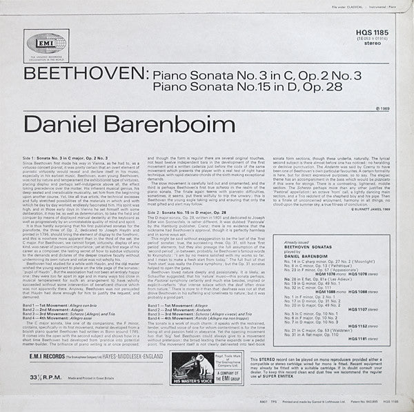 Ludwig van Beethoven, Daniel Barenboim : Sonatas No.15 In D, Op.28 ("Pastoral") / No.3 In C, Op.2 No.3 (LP)