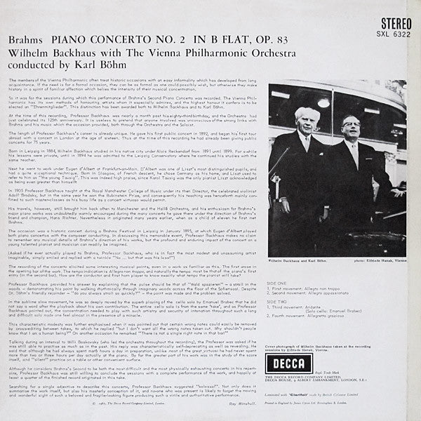 Johannes Brahms, Wiener Philharmoniker, Karl Böhm, Wilhelm Backhaus : Piano Concerto No.2 (LP)