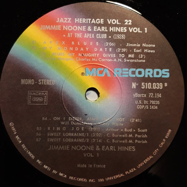 Jimmie Noone, Earl Hines : 1 - "At The Apex Club" 1928 (LP, Comp, RE)