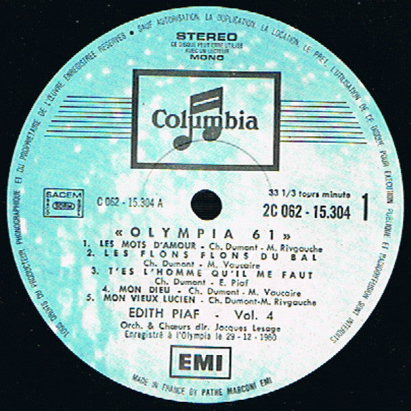 Edith Piaf : Olympia 1961 - Non, Je Ne Regrette Rien - Vol. 4 (LP)