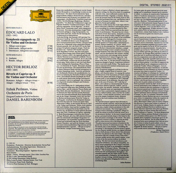 Édouard Lalo / Hector Berlioz, Itzhak Perlman, Orchestre De Paris · Daniel Barenboim : Symphonie Espagnole / Rêverie Et Caprice (LP)