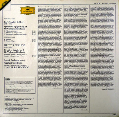 Édouard Lalo / Hector Berlioz, Itzhak Perlman, Orchestre De Paris · Daniel Barenboim : Symphonie Espagnole / Rêverie Et Caprice (LP)