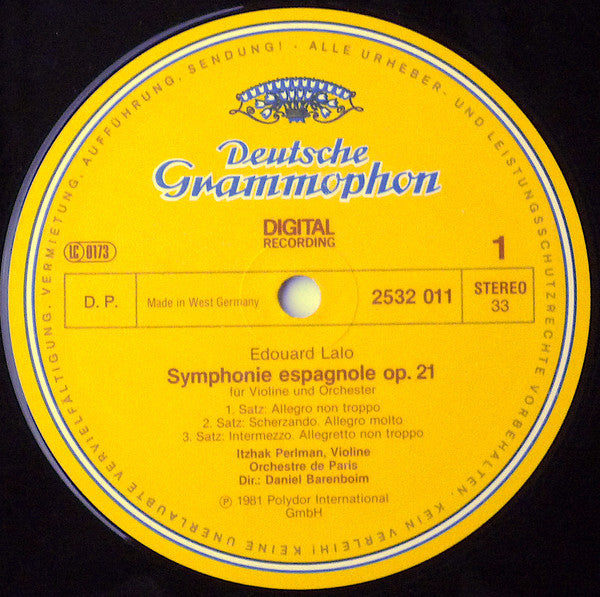 Édouard Lalo / Hector Berlioz, Itzhak Perlman, Orchestre De Paris · Daniel Barenboim : Symphonie Espagnole / Rêverie Et Caprice (LP)