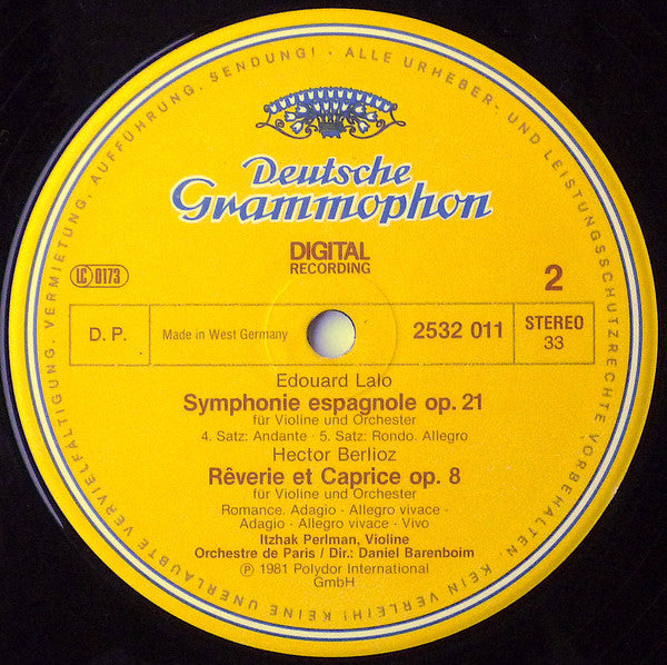 Édouard Lalo / Hector Berlioz, Itzhak Perlman, Orchestre De Paris · Daniel Barenboim : Symphonie Espagnole / Rêverie Et Caprice (LP)