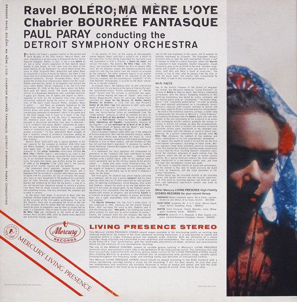 Maurice Ravel / Emmanuel Chabrier, Detroit Symphony Orchestra, Paul Paray : Bolero / Ma Mere L'Oye / Bourree Fantasque (LP)