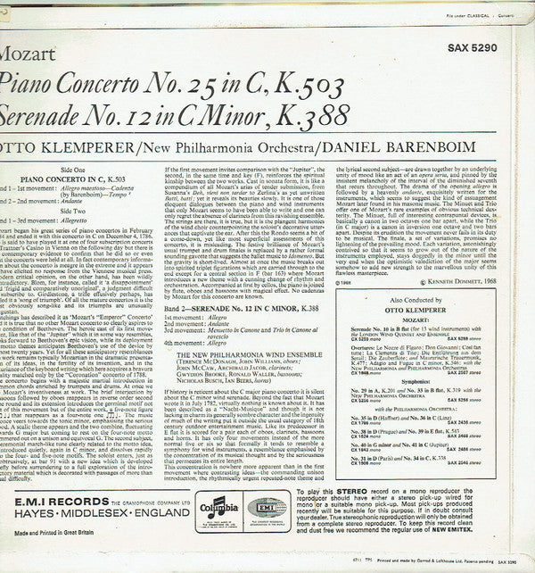 Wolfgang Amadeus Mozart, Daniel Barenboim, New Philharmonia Orchestra, Otto Klemperer : Piano Concerto No. 25 In C, K.503 / Serenade No. 12 In C Minor, K.388 (LP)