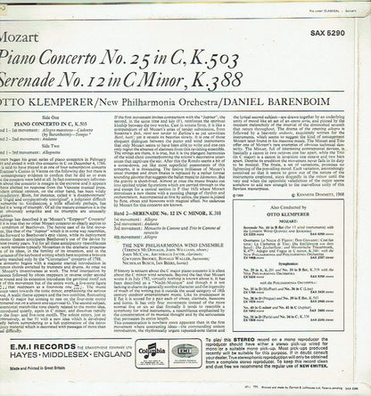 Wolfgang Amadeus Mozart, Daniel Barenboim, New Philharmonia Orchestra, Otto Klemperer : Piano Concerto No. 25 In C, K.503 / Serenade No. 12 In C Minor, K.388 (LP)