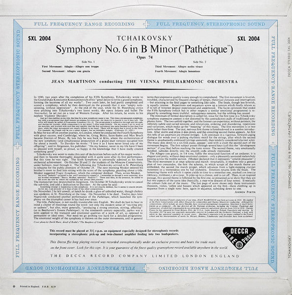 Pyotr Ilyich Tchaikovsky, Jean Martinon, Wiener Philharmoniker : Pathétique (LP, RP)