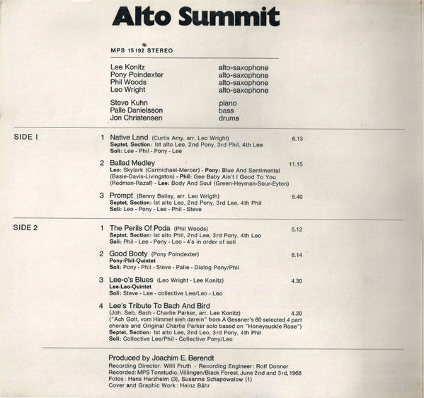 Lee Konitz / Pony Poindexter / Phil Woods / Leo Wright : Alto Summit (LP, Album, RP, Gat)