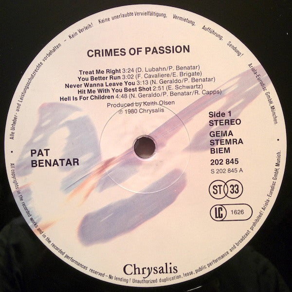 Pat Benatar : Crimes Of Passion (LP, Album, RP)