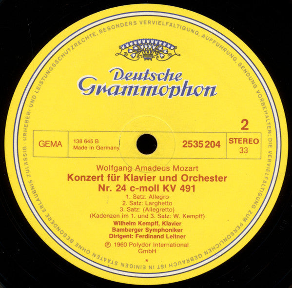 Wolfgang Amadeus Mozart - Wilhelm Kempff, Bamberger Symphoniker, Ferdinand Leitner : Klavierkonzerte Nr. 23 A-Dur KV 488 Und Nr. 24 C-Moll KV 491 (LP)