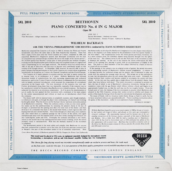 Ludwig van Beethoven, Wilhelm Backhaus, Wiener Philharmoniker, Hans Schmidt-Isserstedt : Piano Concerto No. 4 In G Major (LP, ED1)