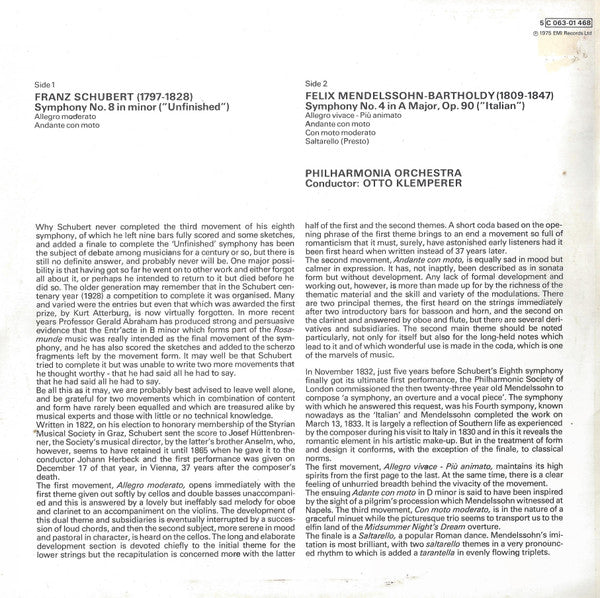 Franz Schubert / Felix Mendelssohn-Bartholdy, Philharmonia Orchestra, Otto Klemperer : Symphony No.8 (Unfinished) / Symphony No.4 (Italian) (LP, Comp)