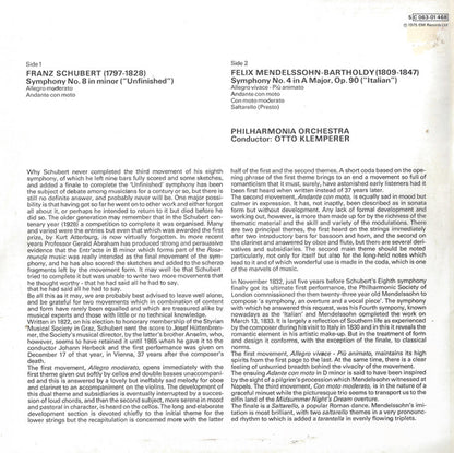 Franz Schubert / Felix Mendelssohn-Bartholdy, Philharmonia Orchestra, Otto Klemperer : Symphony No.8 (Unfinished) / Symphony No.4 (Italian) (LP, Comp)