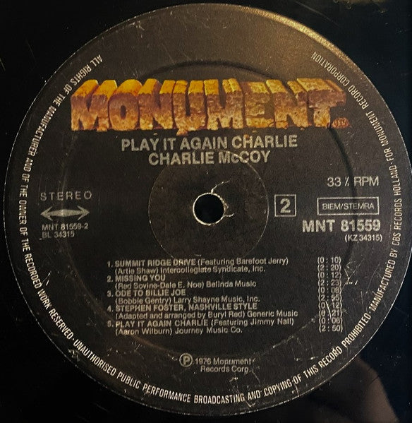 Charlie McCoy : Play It Again Charlie (LP, Album)