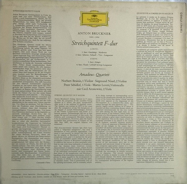 Anton Bruckner / Amadeus-Quartett - Cecil Aronowitz : Streichquintett F-Dur (LP)