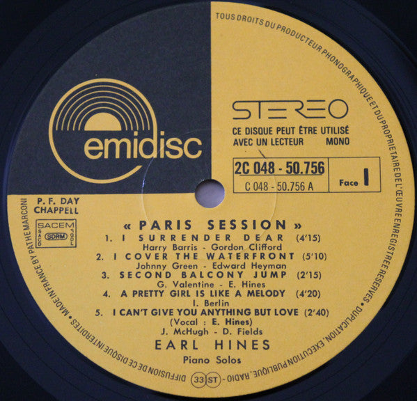 Earl Hines : Piano Solos "Paris Session" (LP)