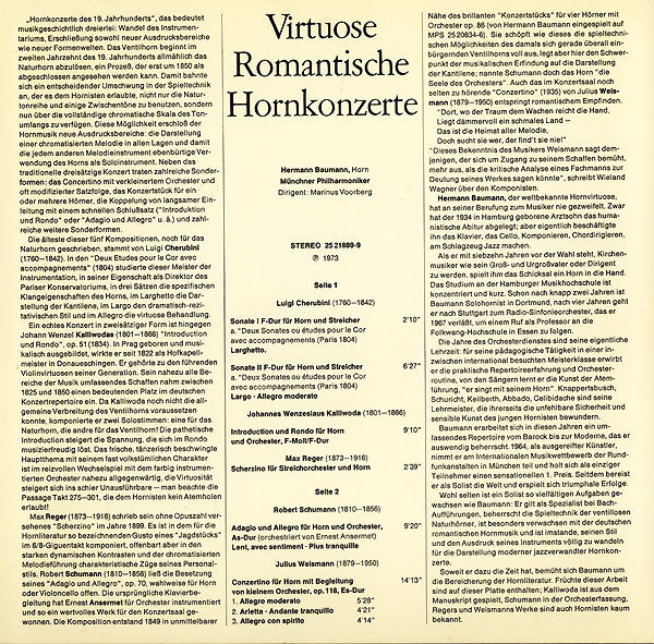 Hermann Baumann, Münchner Philharmoniker, Marinus Voorberg, Luigi Cherubini · Jan Kalivoda, Max Reger, Robert Schumann · Julius Weismann : Virtuose Romantische Hornkonzerte (LP, Album)
