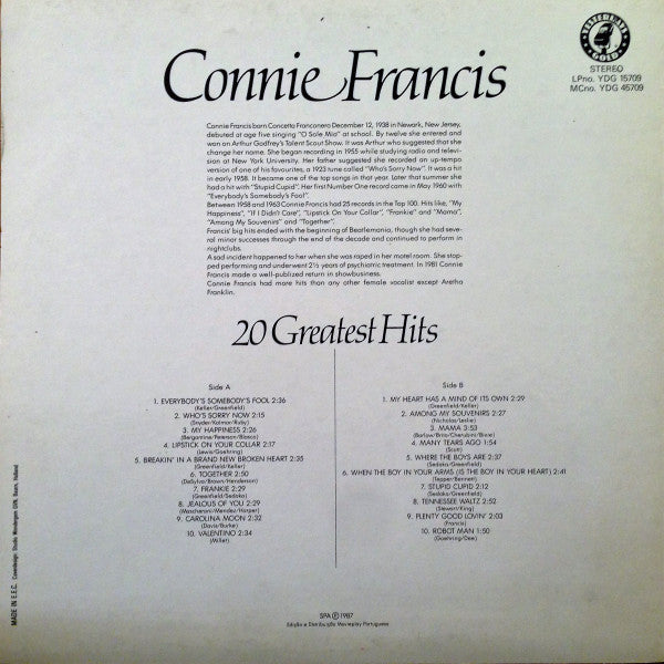 Connie Francis : 20 Greatest Hits (LP, Album, Comp)
