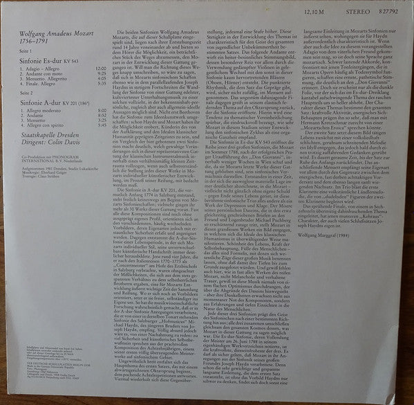 Wolfgang Amadeus Mozart, Staatskapelle Dresden, Sir Colin Davis : Sinfonien Es-dur KV 543 · A-dur KV 201 (LP)