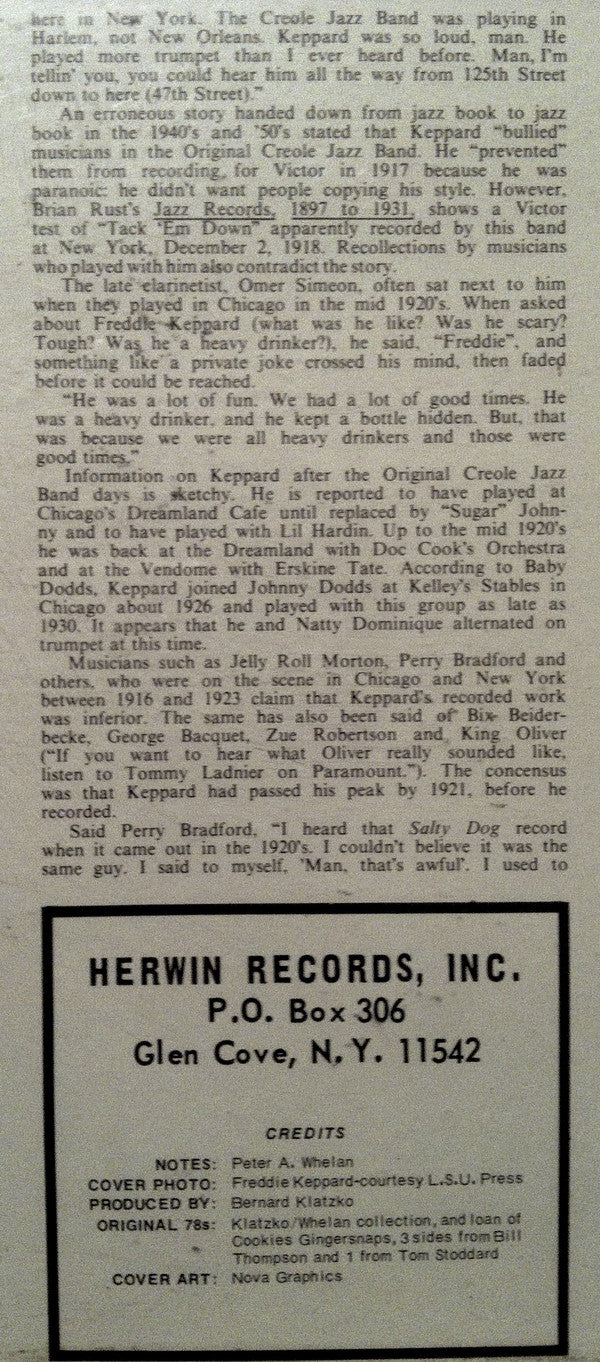 Freddie Keppard : 17 Rare Selections Of The Finest Jazz Cornetist Of The 1920's (LP, Comp)