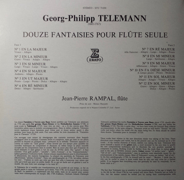 Georg Philipp Telemann - Jean-Pierre Rampal : Douze Fantaisies Pour Flûte (LP, Gat)