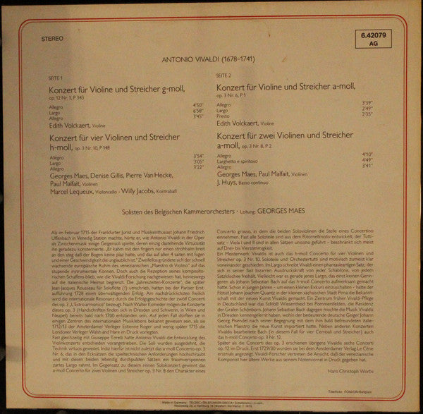 Antonio Vivaldi, Edith Volckaert und Belgian Chamber Orchestra — Georges Maes : Streicher- Konzerte  (LP)