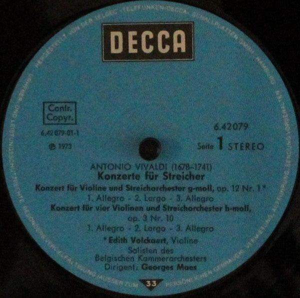 Antonio Vivaldi, Edith Volckaert und Belgian Chamber Orchestra — Georges Maes : Streicher- Konzerte  (LP)