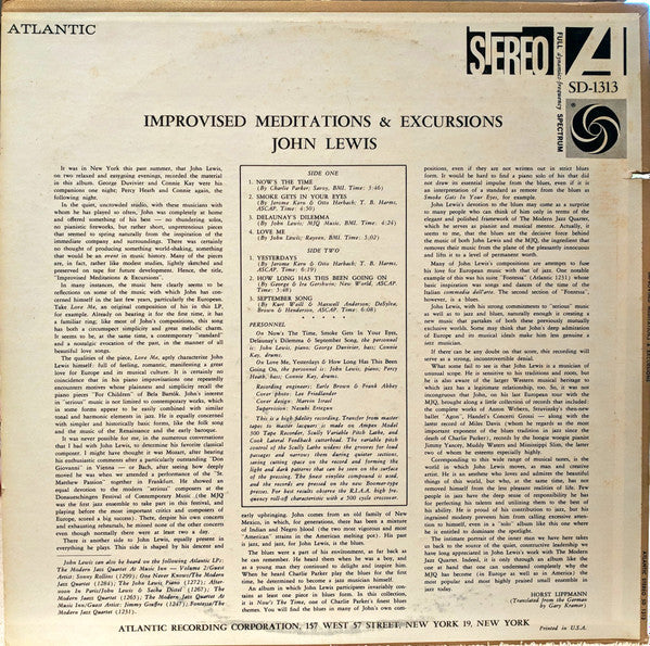 John Lewis (2) : Improvised Meditations & Excursions (LP, Album, RP)