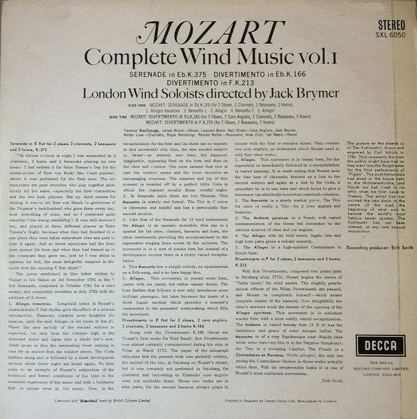 Wolfgang Amadeus Mozart, London Wind Soloists Directed By Jack Brymer : Complete Wind Music Vol. I (LP, RP)