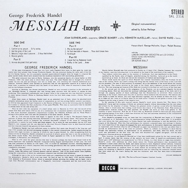 Georg Friedrich Händel, Joan Sutherland, Kenneth McKellar, Grace Bumbry, David Ward (7), London Symphony Orchestra & London Symphony Chorus, Sir Adrian Boult : Messiah Excerpts (LP)