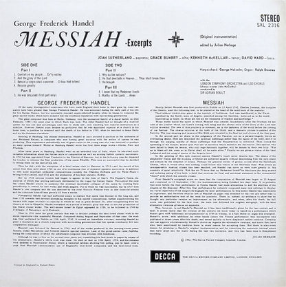 Georg Friedrich Händel, Joan Sutherland, Kenneth McKellar, Grace Bumbry, David Ward (7), London Symphony Orchestra & London Symphony Chorus, Sir Adrian Boult : Messiah Excerpts (LP)