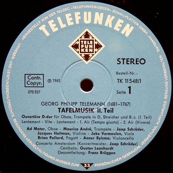 Georg Philipp Telemann - Frans Brüggen • Concerto Amsterdam • Gustav Leonhardt • Maurice André : Tafelmusik Teil II (2xLP + Box)