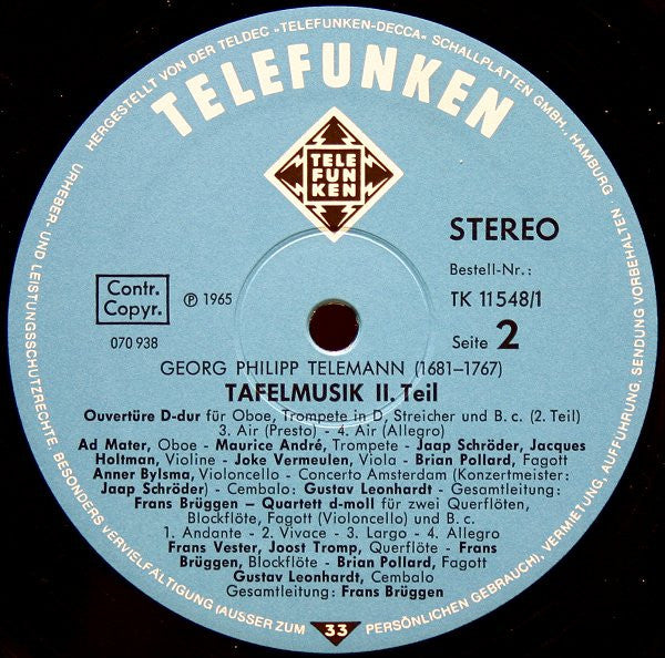 Georg Philipp Telemann - Frans Brüggen • Concerto Amsterdam • Gustav Leonhardt • Maurice André : Tafelmusik Teil II (2xLP + Box)