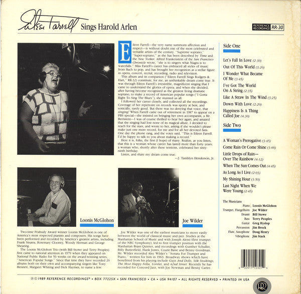 Eileen Farrell : Sings Harold Arlen (LP, Album, gat)