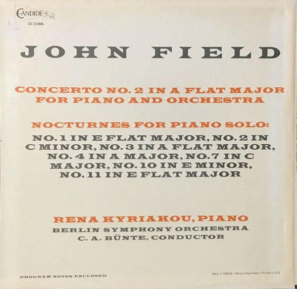 John Field (2) / Rena Kyriakou : Piano Concerto No.2 In A Flat / Nocturnes (LP)