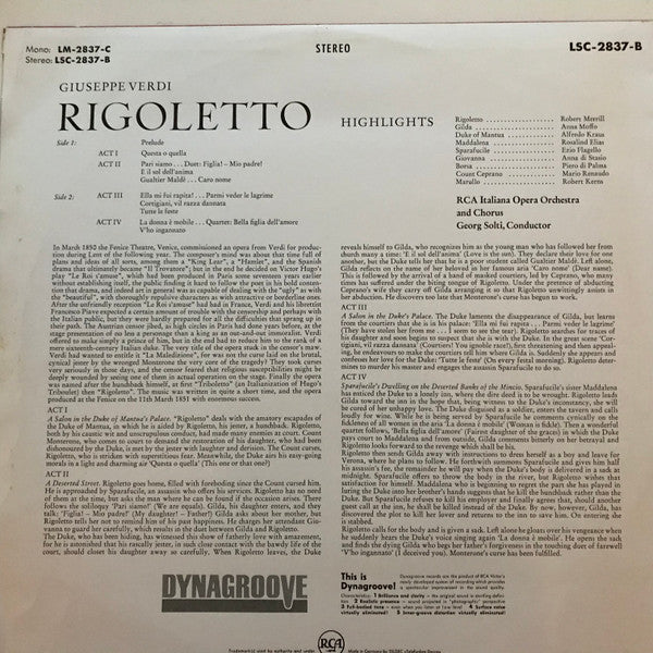 Giuseppe Verdi, Anna Moffo, Robert Merrill, Alfredo Kraus, Rosalind Elias, Ezio Flagello, Georg Solti : Rigoletto (Highlights) (LP)