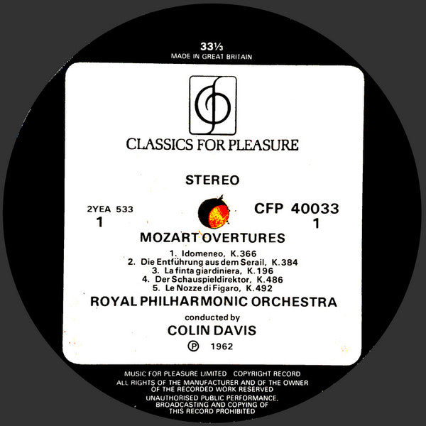 Wolfgang Amadeus Mozart - Sir Colin Davis Conducts Royal Philharmonic Orchestra : Mozart Overtures (LP)