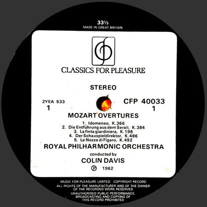 Wolfgang Amadeus Mozart - Sir Colin Davis Conducts Royal Philharmonic Orchestra : Mozart Overtures (LP)