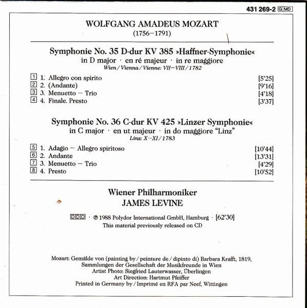 Wolfgang Amadeus Mozart : Wiener Philharmoniker, James Levine (2) : Symphonien No. 35 »Haffner« · No. 36  »Linzer« (CD, RE)