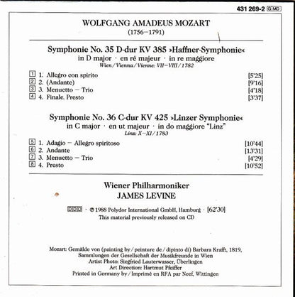 Wolfgang Amadeus Mozart : Wiener Philharmoniker, James Levine (2) : Symphonien No. 35 »Haffner« · No. 36  »Linzer« (CD, RE)