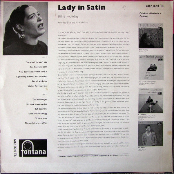 Billie Holiday With Ray Ellis And His Orchestra : Lady In Satin (LP, Album, Mono)